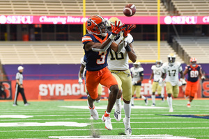 Fueled by freshman running back Sean Tucker, Tommy DeVito and Taj Harris (pictured), among others, Syracuse's offense took a 17-0 lead in the first quarter.