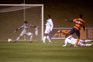 Syracuse freshman Deandre Kerr scored his first two collegiate goals against Louisville on Friday night, helping build the Orange's two-goal lead.