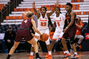 Kiara Lewis guards during a game in the Carrier Dome during the 2019 season. Lewis scored first after four minutes against UNC in 2020.