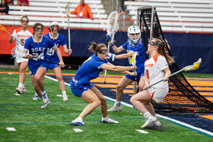 Senior attack Meaghan Tyrrell notched five goals in the win against the Blue Devils.